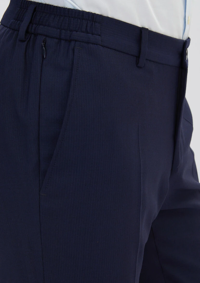 Navy Blue Striped Modern Fit Wool Blended Suit - 7