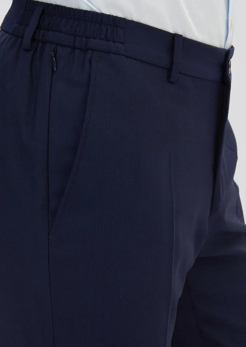 Navy Blue Striped Modern Fit Wool Blended Suit - 7