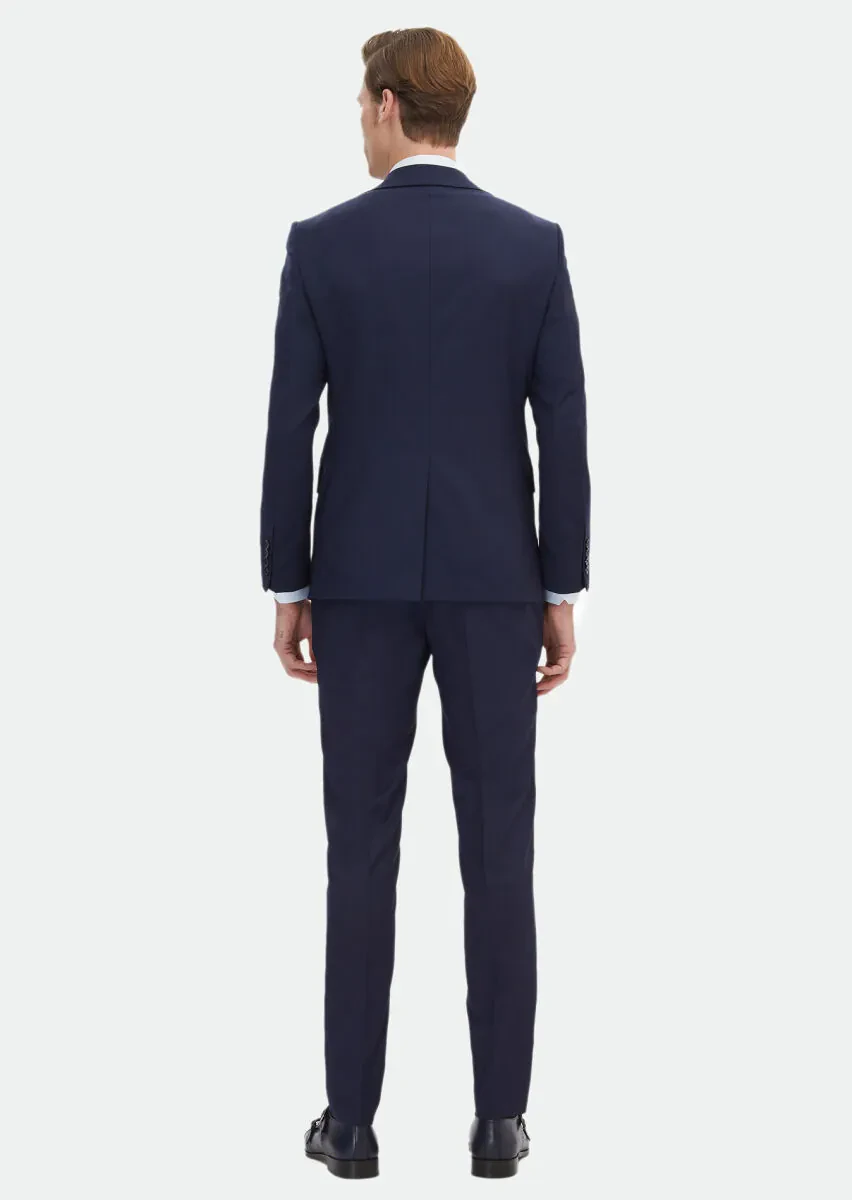 Navy Blue Striped Modern Fit Wool Blended Suit - 9