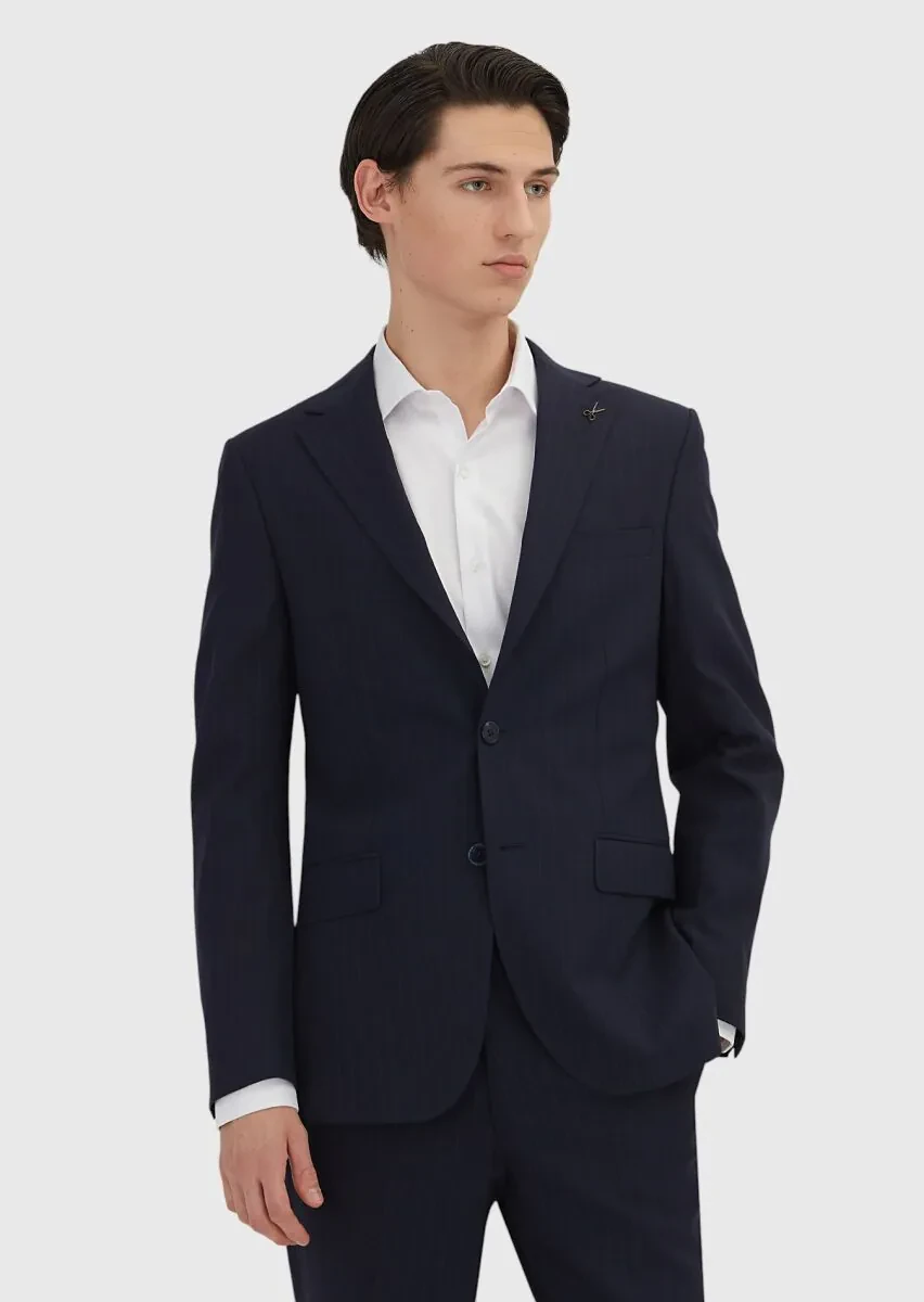 Navy Blue Striped Modern Fit Wool Blended Suit - 2