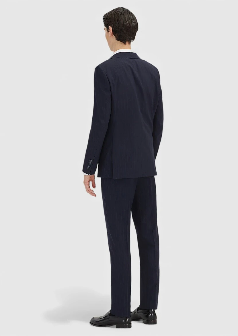 Navy Blue Striped Modern Fit Wool Blended Suit - 4