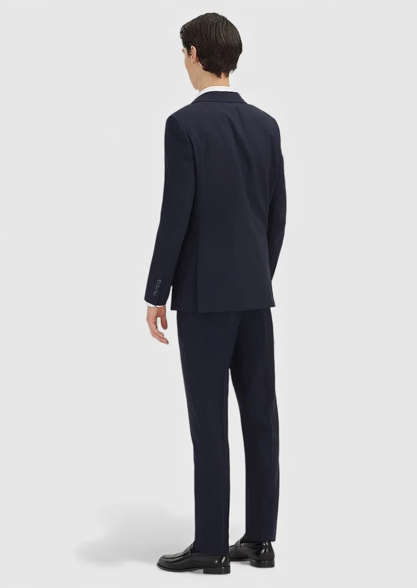 Navy Blue Striped Modern Fit Wool Blended Suit - 4