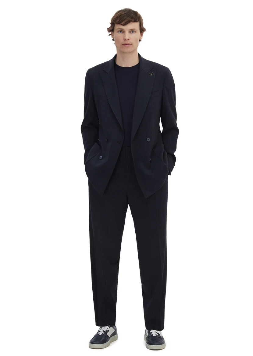 Navy Blue Striped Oversize Fit Wool Blended Suit - 3