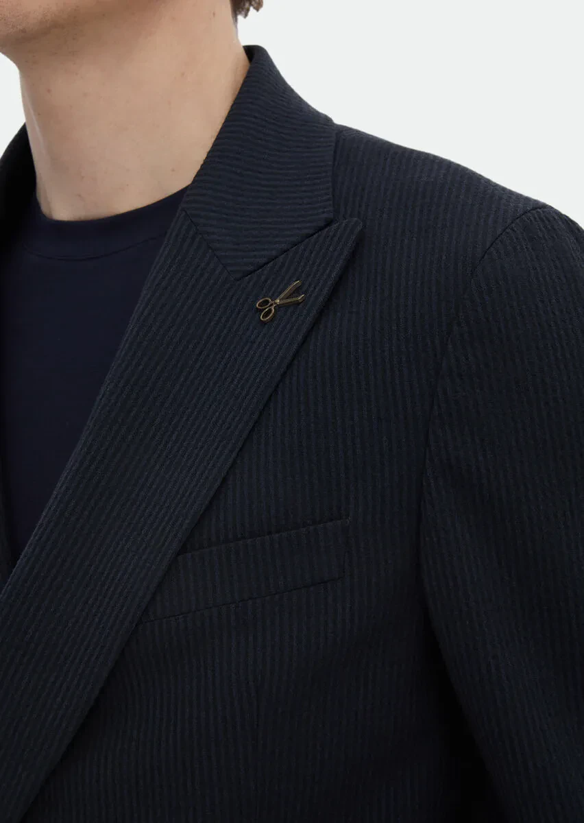 Navy Blue Striped Oversize Fit Wool Blended Suit - 5