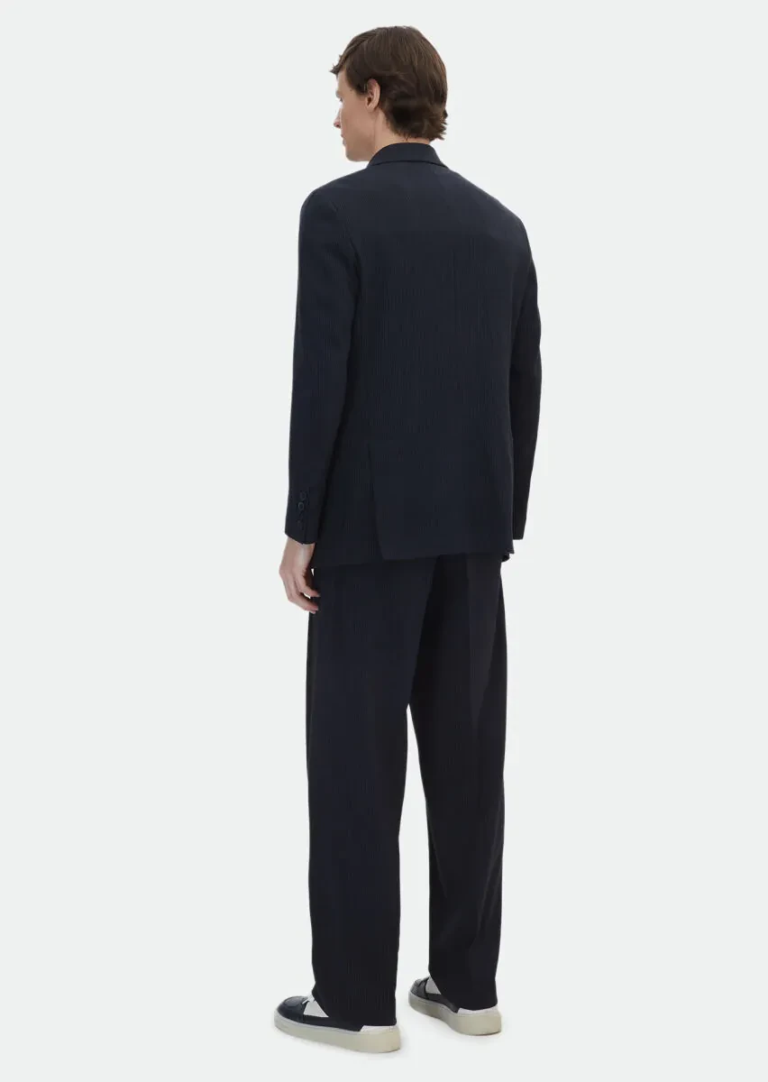 Navy Blue Striped Oversize Fit Wool Blended Suit - 6