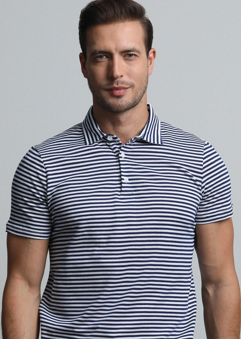 Navy Blue Striped Polo Neck 100% Cotton T-Shirt 
