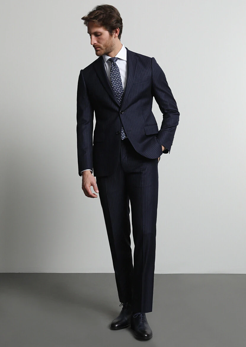 Navy Blue Striped Regular Fit 100% Wool Suit - 1