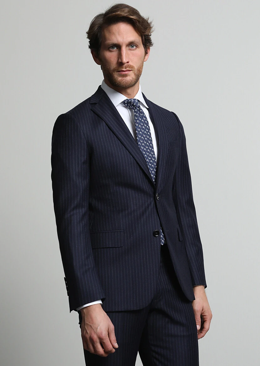 Navy Blue Striped Regular Fit 100% Wool Suit - 2