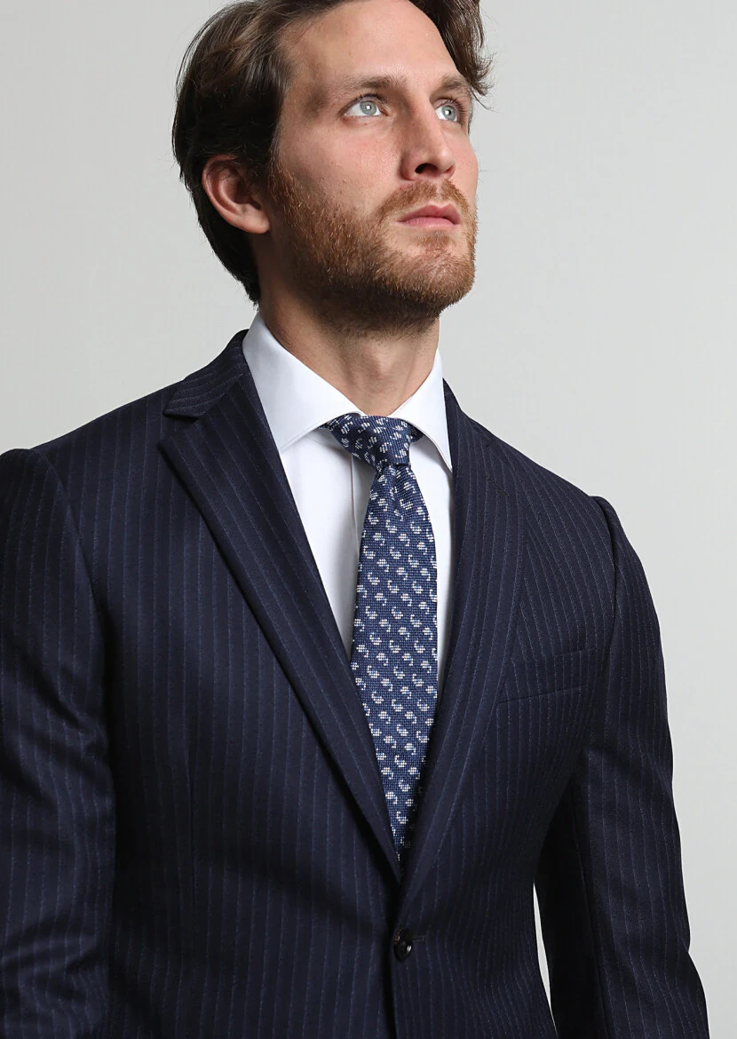 Navy Blue Striped Regular Fit 100% Wool Suit - 3