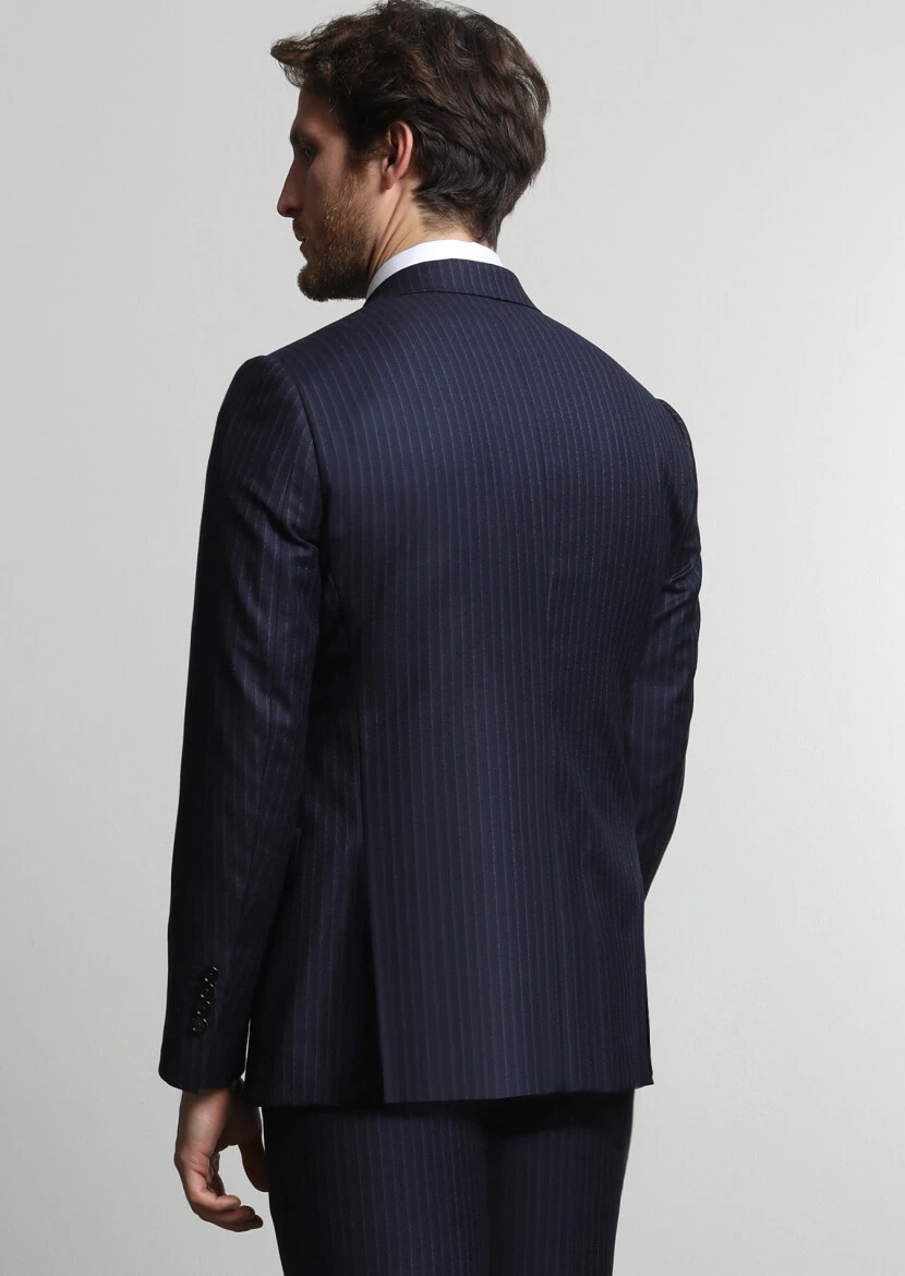 Navy Blue Striped Regular Fit 100% Wool Suit - 4