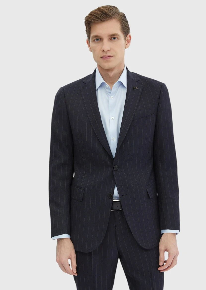 Navy Blue Striped Regular Fit 100% Wool Suit - RAMSEY