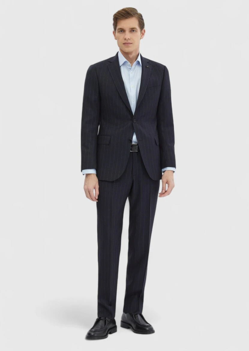 Navy Blue Striped Regular Fit 100% Wool Suit - RAMSEY
