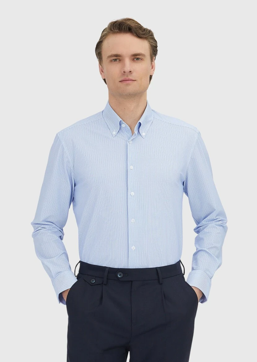Navy Blue Striped Regular Fit Knitting Classical Shirt - RAMSEY
