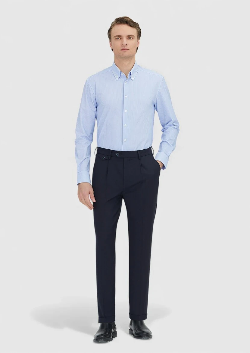 Navy Blue Striped Regular Fit Knitting Classical Shirt - RAMSEY