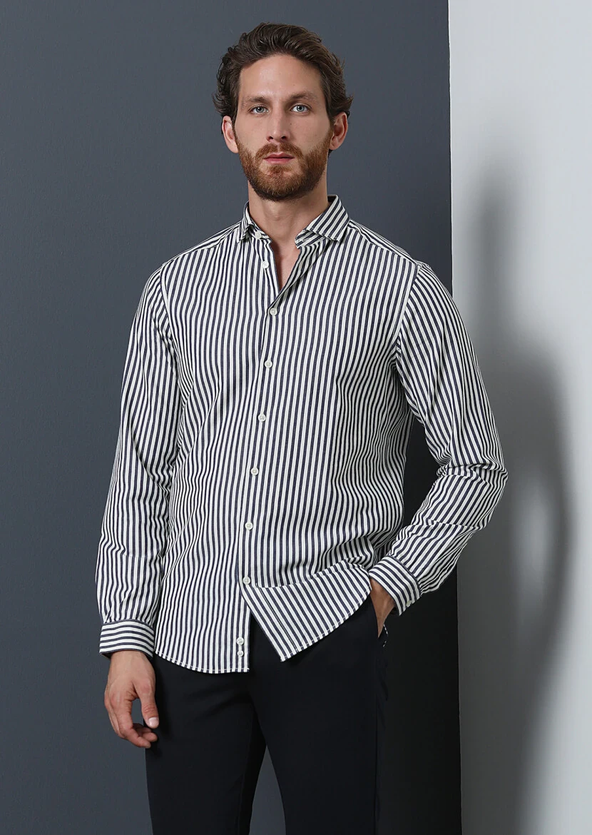 Navy Blue Striped Regular Fit Weaving Casual 100% Cotton Shirt - 1