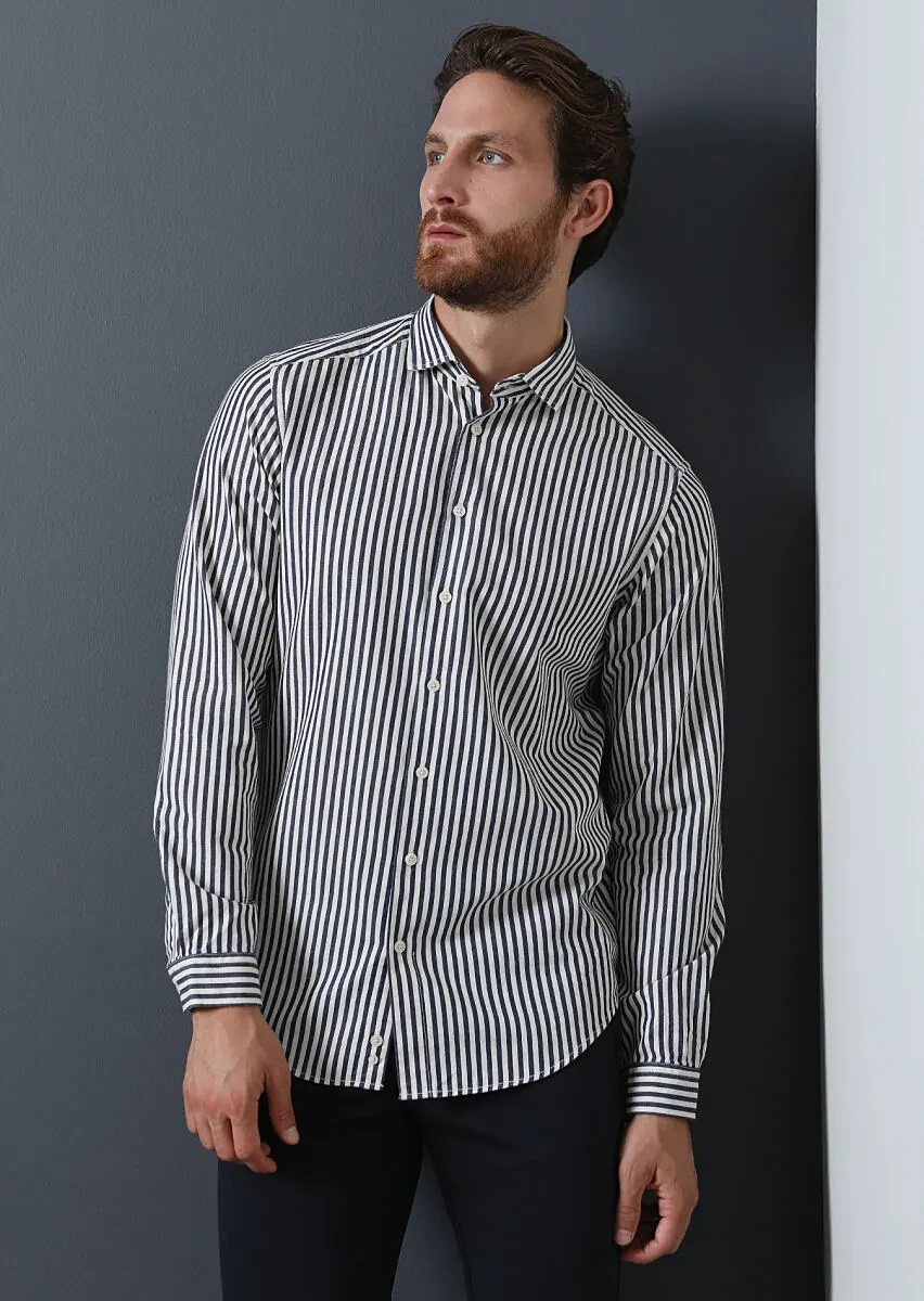 Navy Blue Striped Regular Fit Weaving Casual 100% Cotton Shirt - 2
