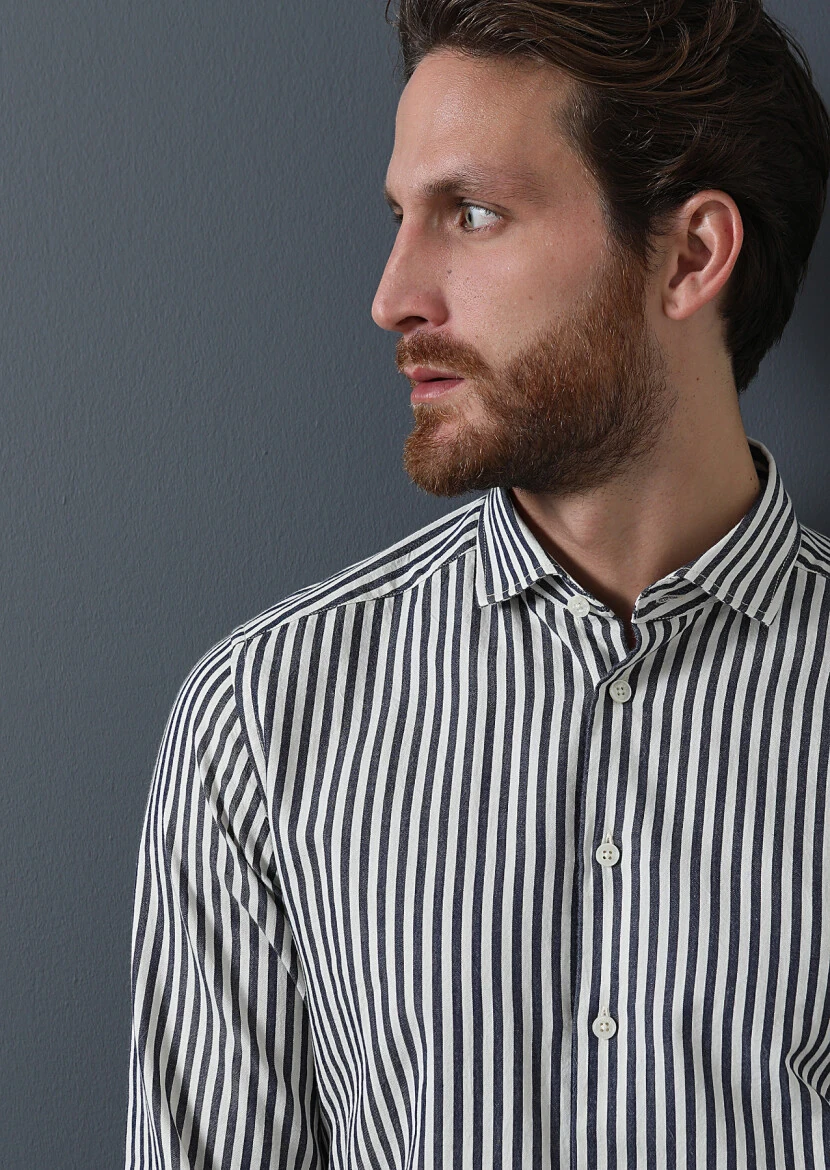 Navy Blue Striped Regular Fit Weaving Casual 100% Cotton Shirt - 3