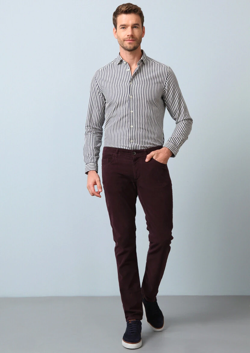 Navy Blue Striped Regular Fit Weaving Casual 100% Cotton Shirt - 4