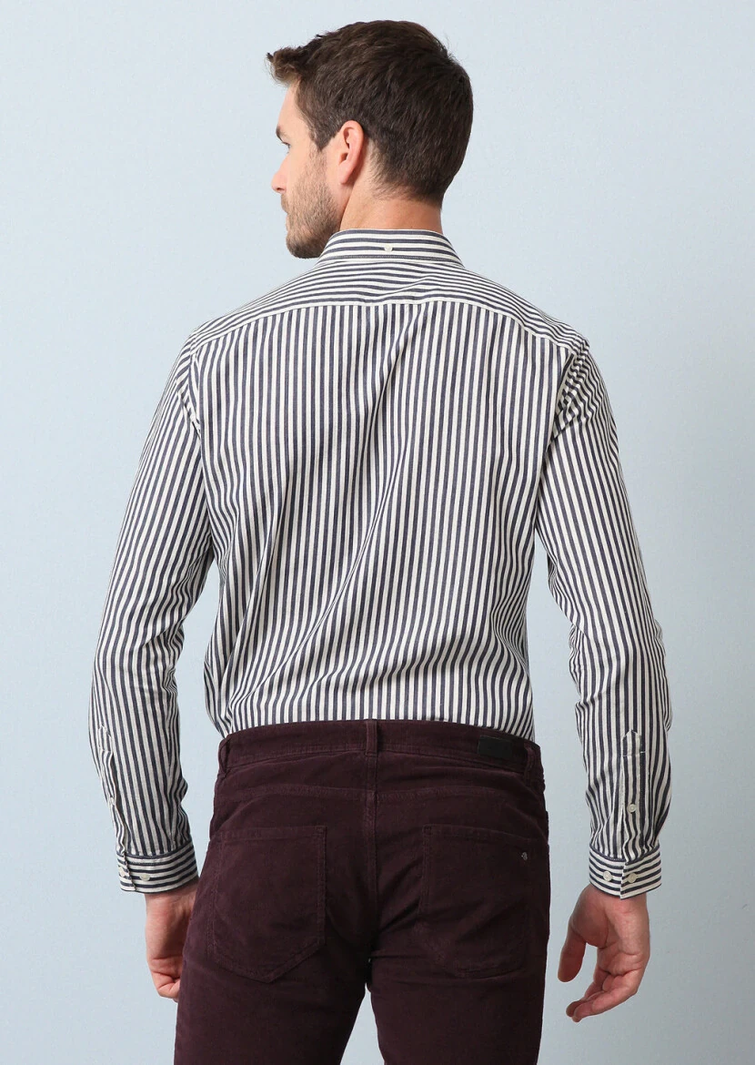 Navy Blue Striped Regular Fit Weaving Casual 100% Cotton Shirt - 5