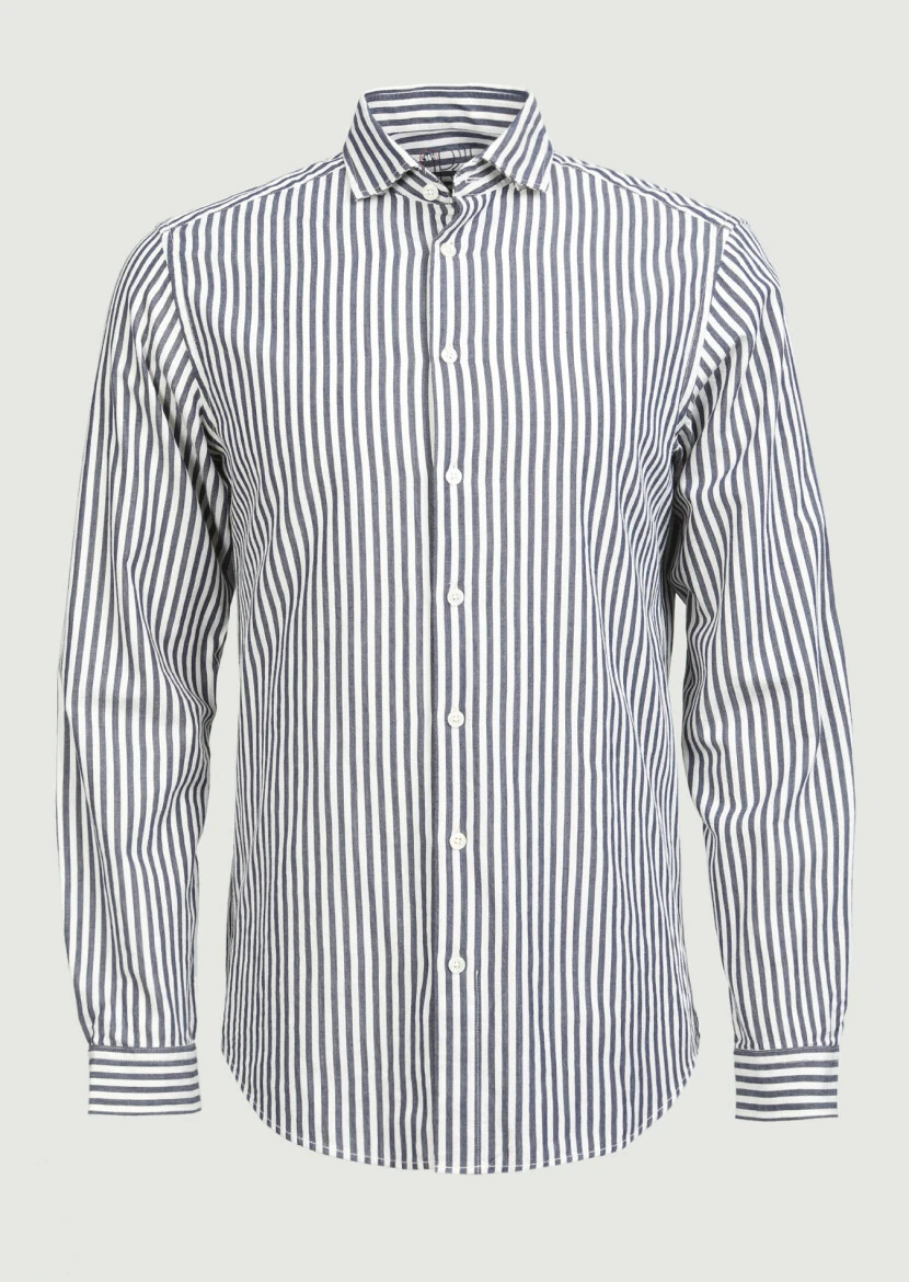 Navy Blue Striped Regular Fit Weaving Casual 100% Cotton Shirt - 6