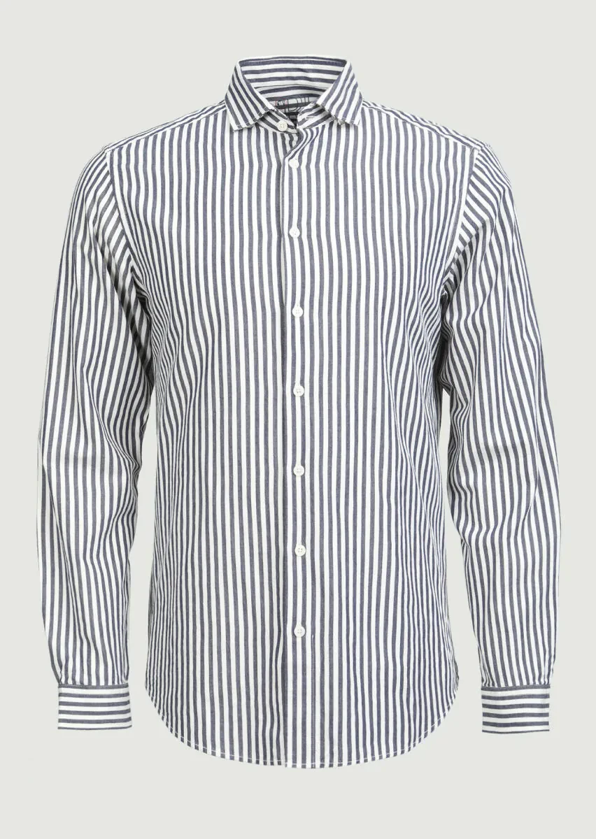 Navy Blue Striped Regular Fit Weaving Casual 100% Cotton Shirt - 6