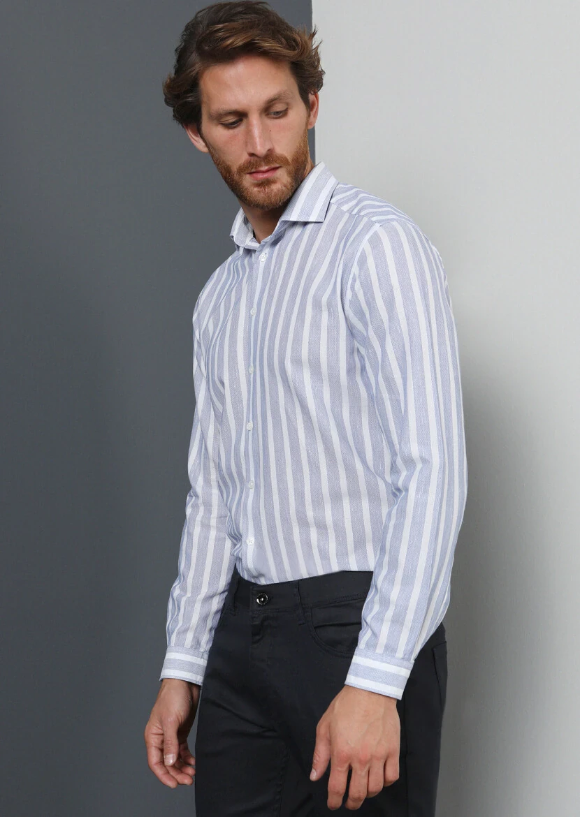 Navy Blue Striped Regular Fit Weaving Casual 100% Cotton Shirt - 1