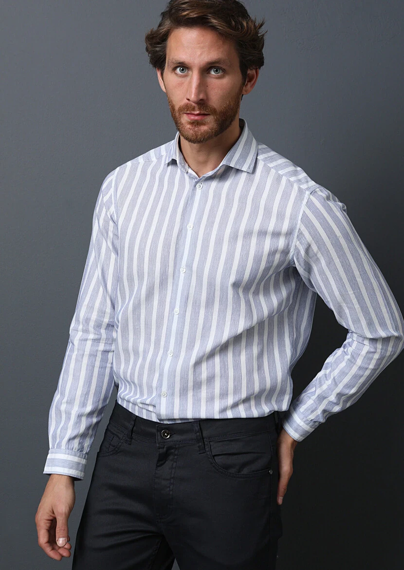 Navy Blue Striped Regular Fit Weaving Casual 100% Cotton Shirt - 2