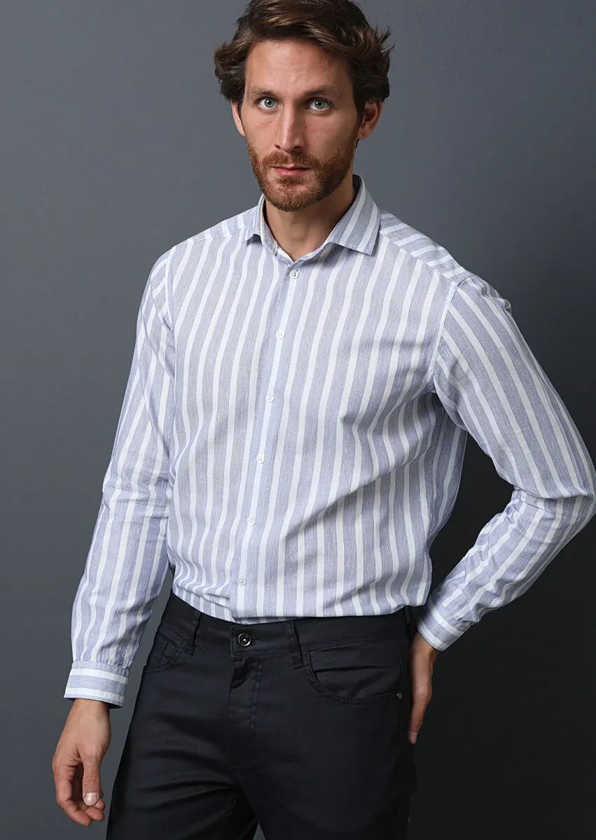Navy Blue Striped Regular Fit Weaving Casual 100% Cotton Shirt - 2