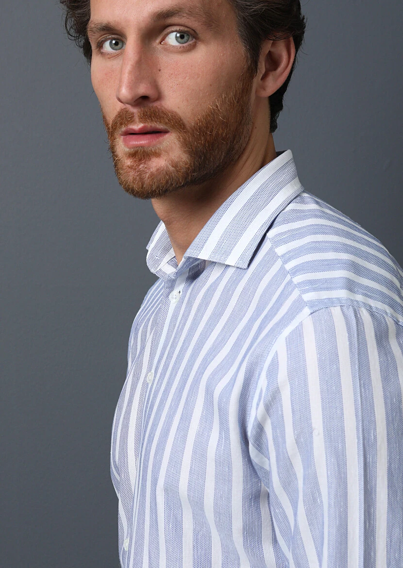 Navy Blue Striped Regular Fit Weaving Casual 100% Cotton Shirt - 3