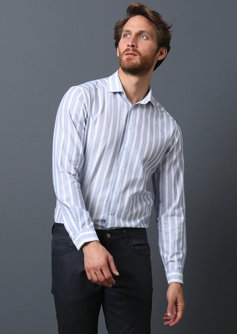 Navy Blue Striped Regular Fit Weaving Casual 100% Cotton Shirt - 4