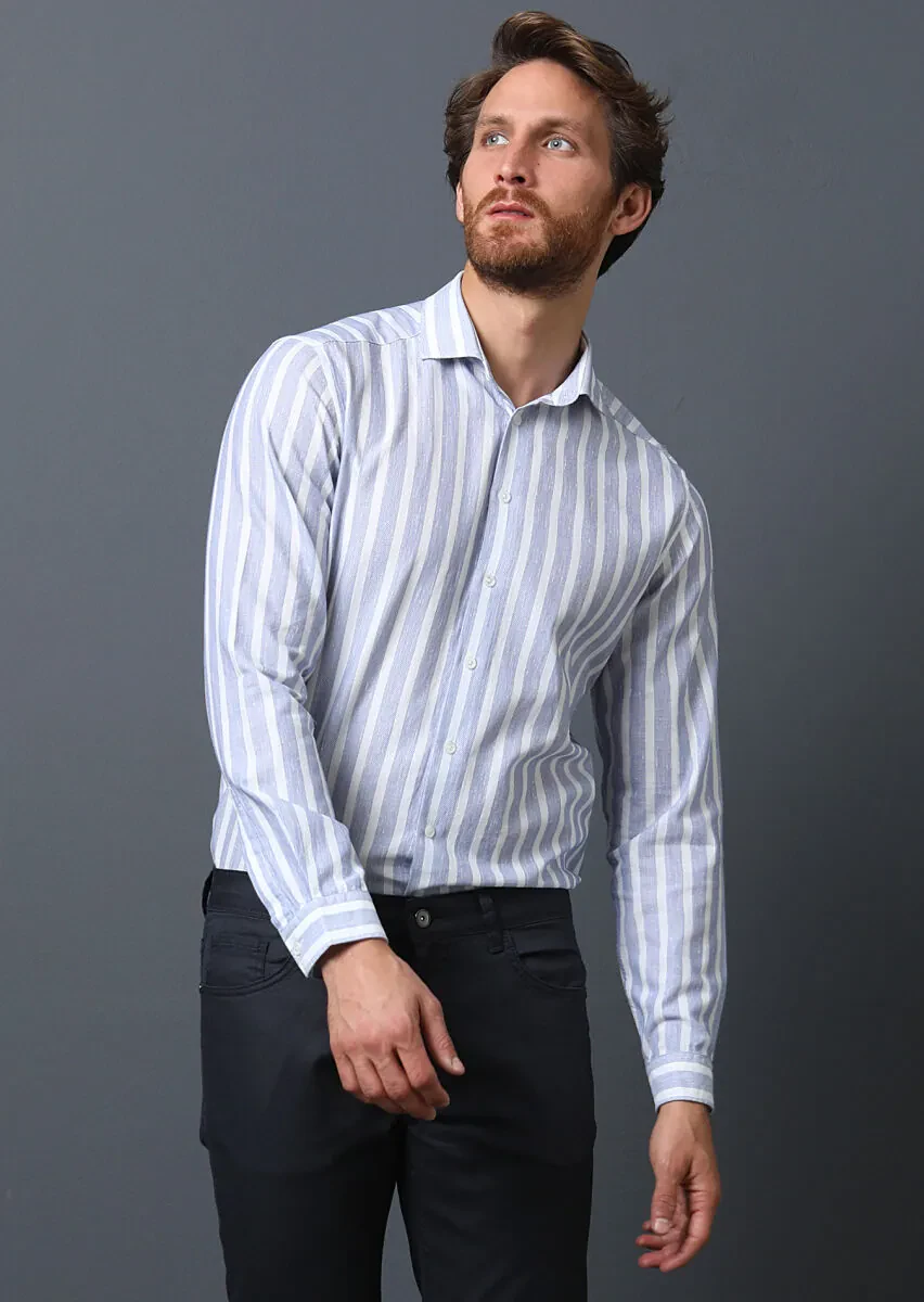 Navy Blue Striped Regular Fit Weaving Casual 100% Cotton Shirt - 4