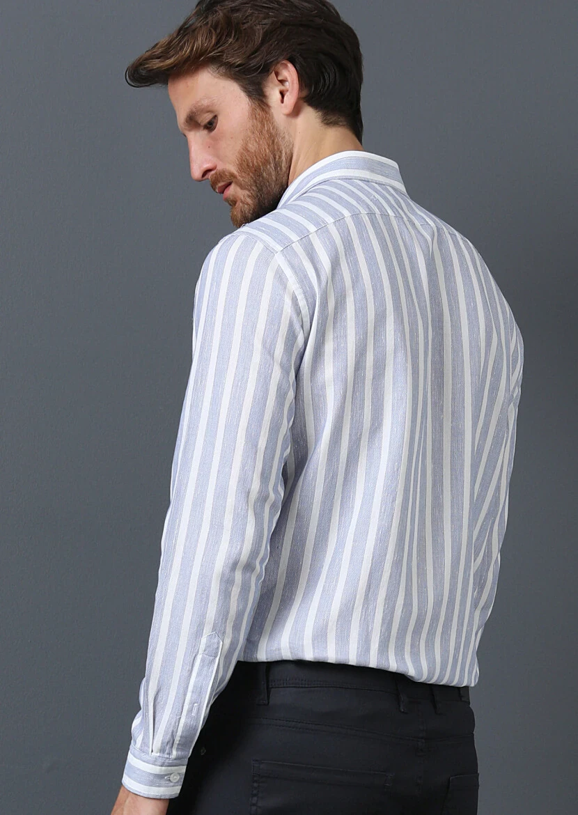Navy Blue Striped Regular Fit Weaving Casual 100% Cotton Shirt - 5