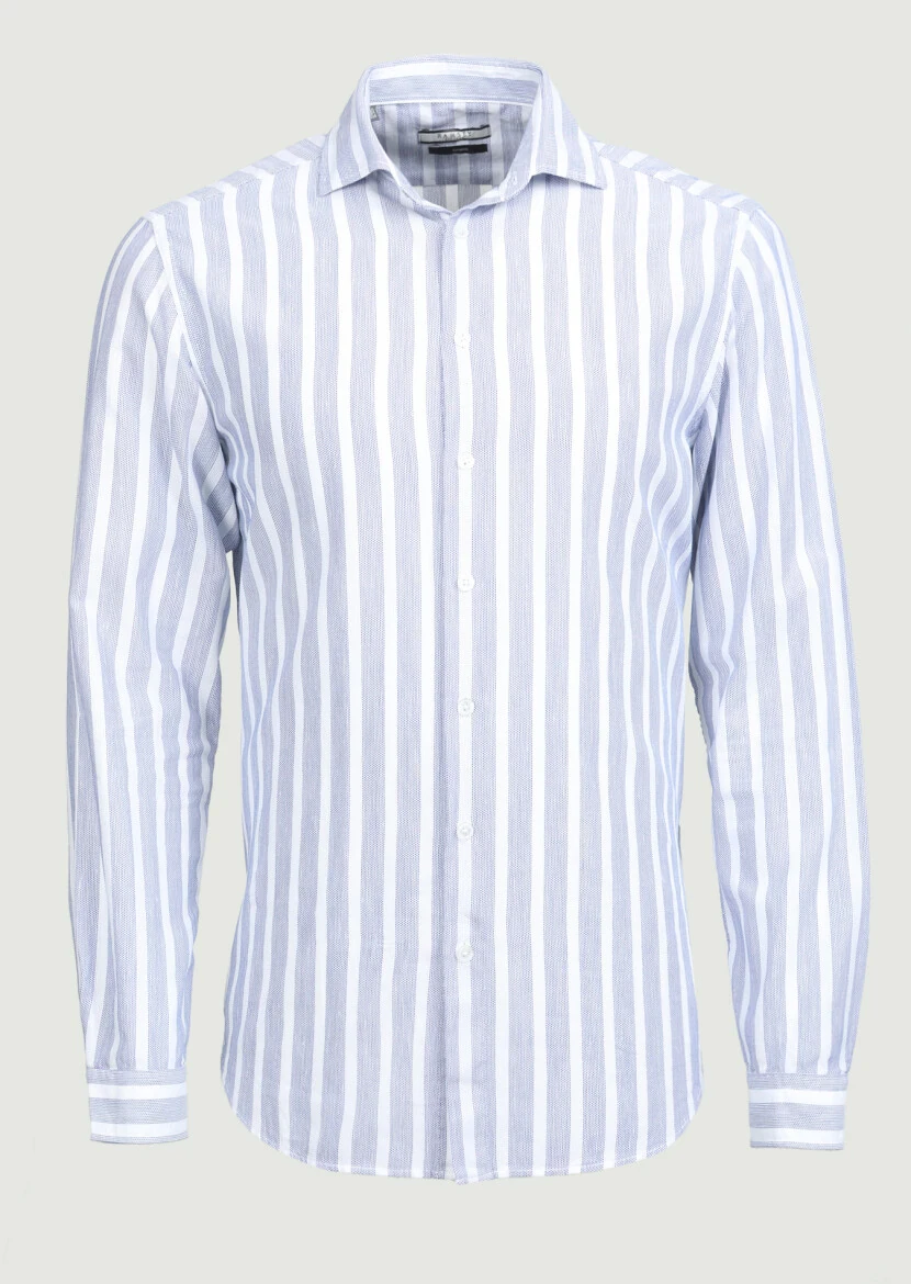 Navy Blue Striped Regular Fit Weaving Casual 100% Cotton Shirt - 6