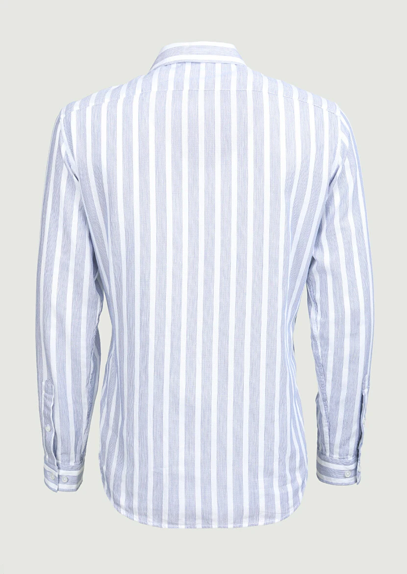 Navy Blue Striped Regular Fit Weaving Casual 100% Cotton Shirt - 7