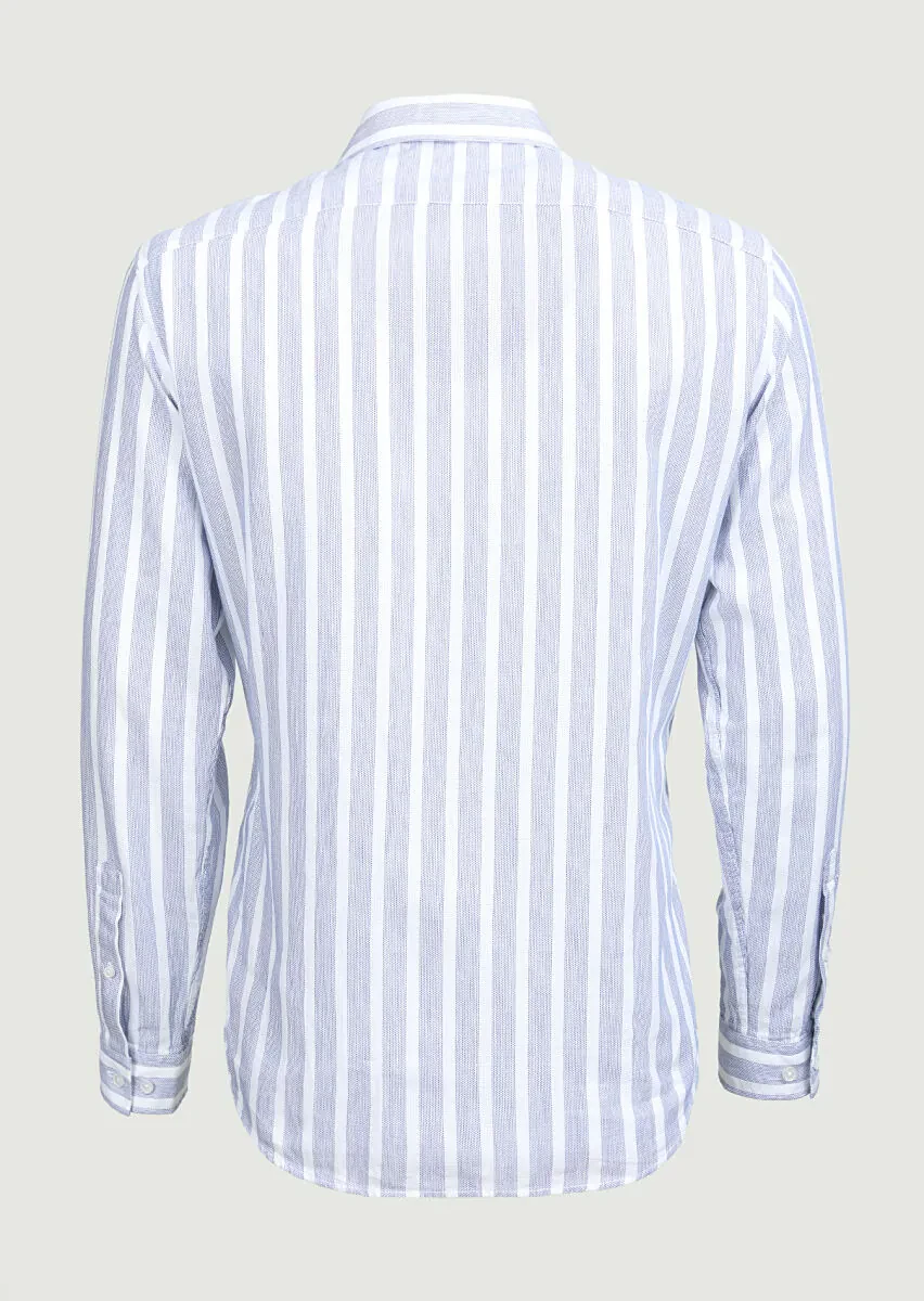 Navy Blue Striped Regular Fit Weaving Casual 100% Cotton Shirt - 7