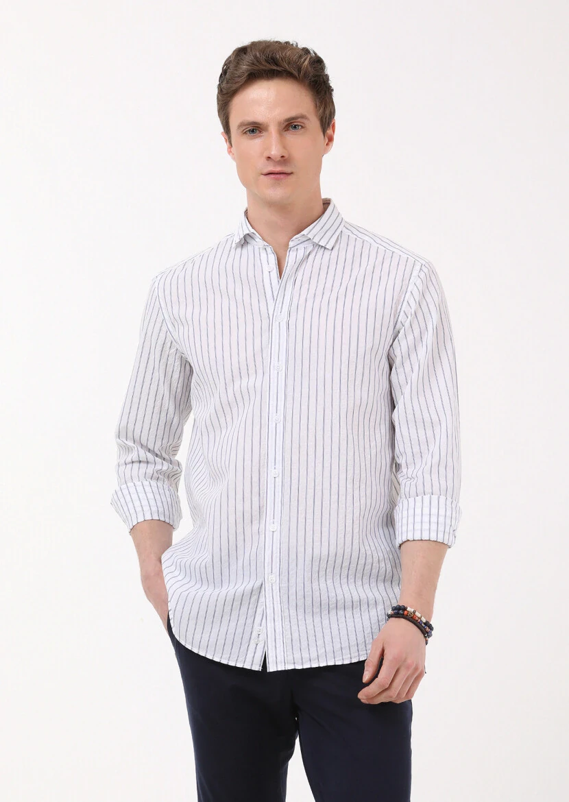Navy Blue Striped Regular Fit Weaving Casual Cotton Blended Shirt - 1