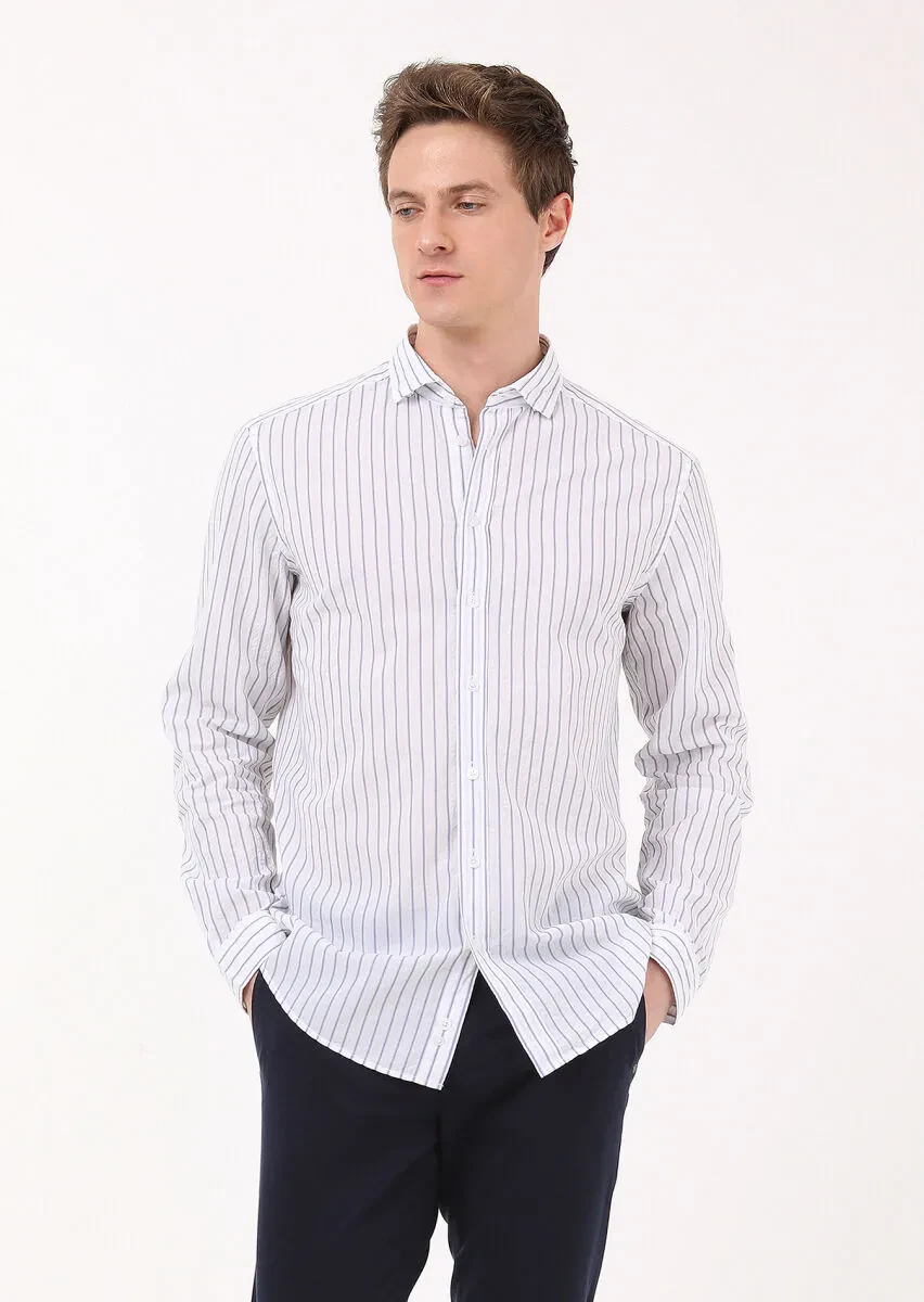 Navy Blue Striped Regular Fit Weaving Casual Cotton Blended Shirt - 3