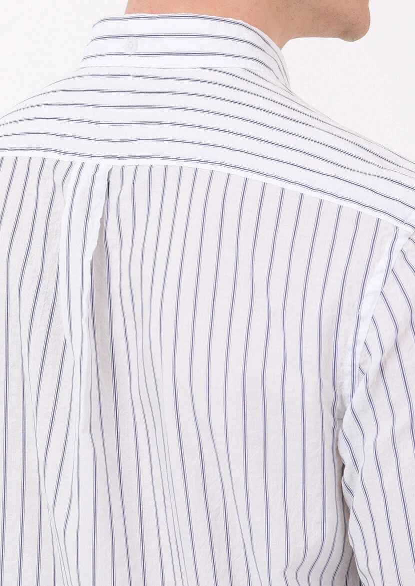 Navy Blue Striped Regular Fit Weaving Casual Cotton Blended Shirt - 4