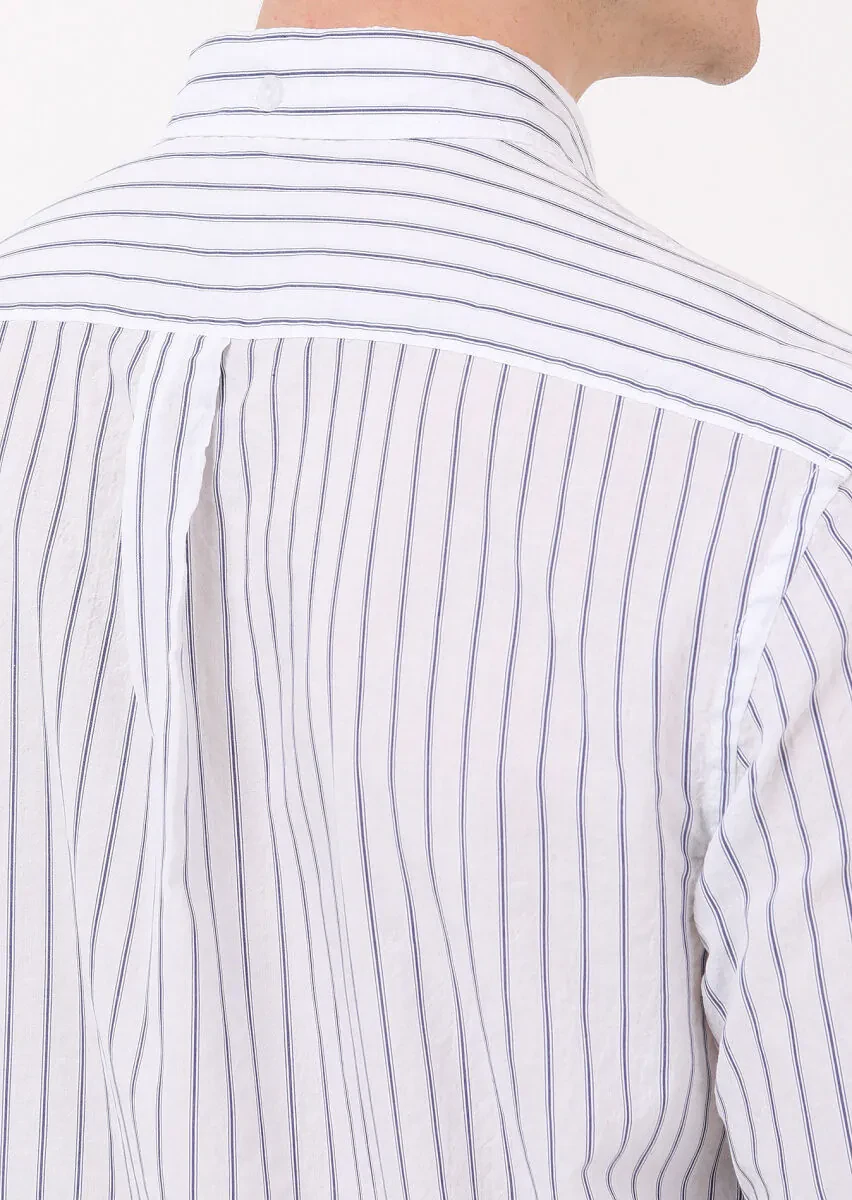 Navy Blue Striped Regular Fit Weaving Casual Cotton Blended Shirt - 4