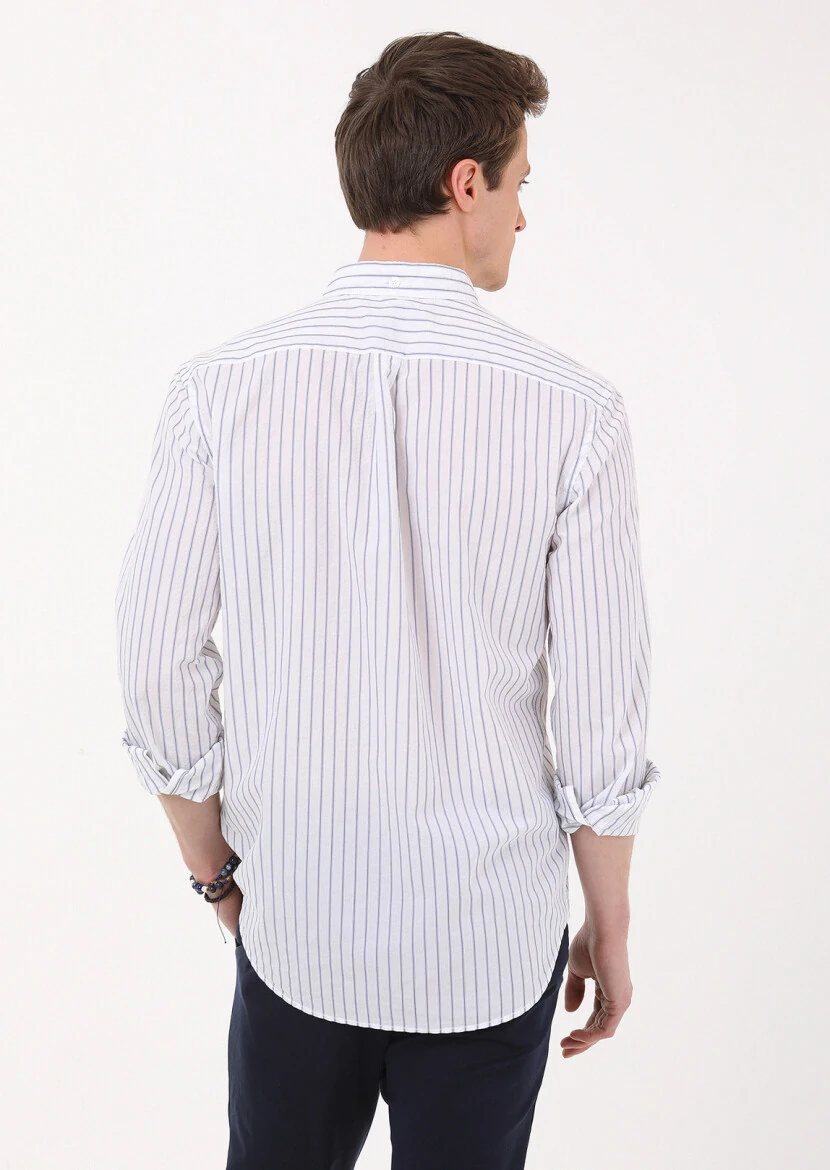 Navy Blue Striped Regular Fit Weaving Casual Cotton Blended Shirt - 5