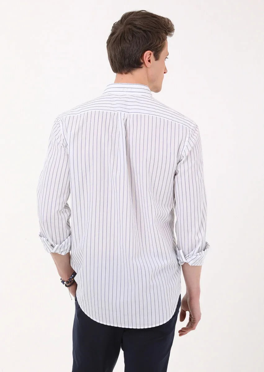 Navy Blue Striped Regular Fit Weaving Casual Cotton Blended Shirt - 5