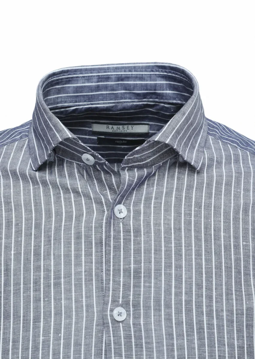 Navy Blue Striped Regular Fit Weaving Casual Cotton Blended Shirt - 2