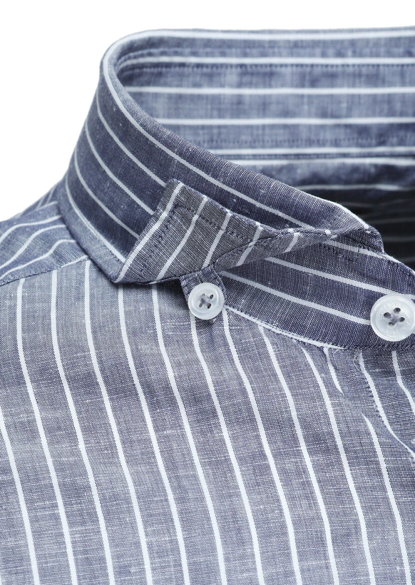 Navy Blue Striped Regular Fit Weaving Casual Cotton Blended Shirt - 3