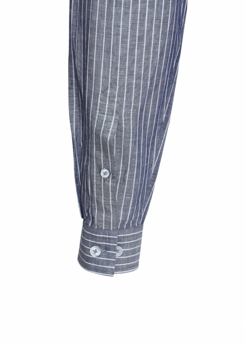 Navy Blue Striped Regular Fit Weaving Casual Cotton Blended Shirt - 5