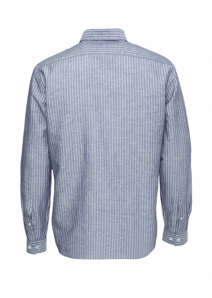 Navy Blue Striped Regular Fit Weaving Casual Cotton Blended Shirt - 6