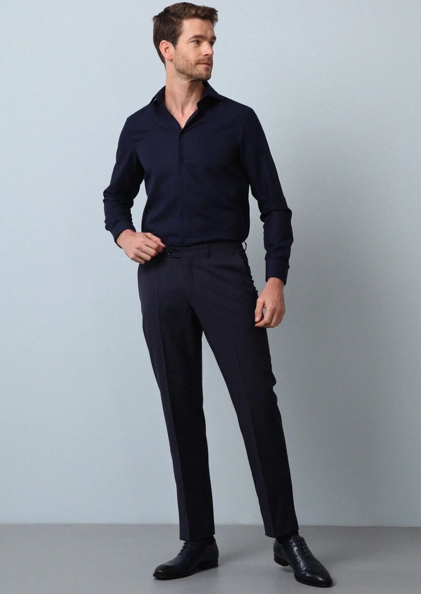 Navy Blue Striped Regular Fit Weaving Classical 100% Cotton Shirt - 1