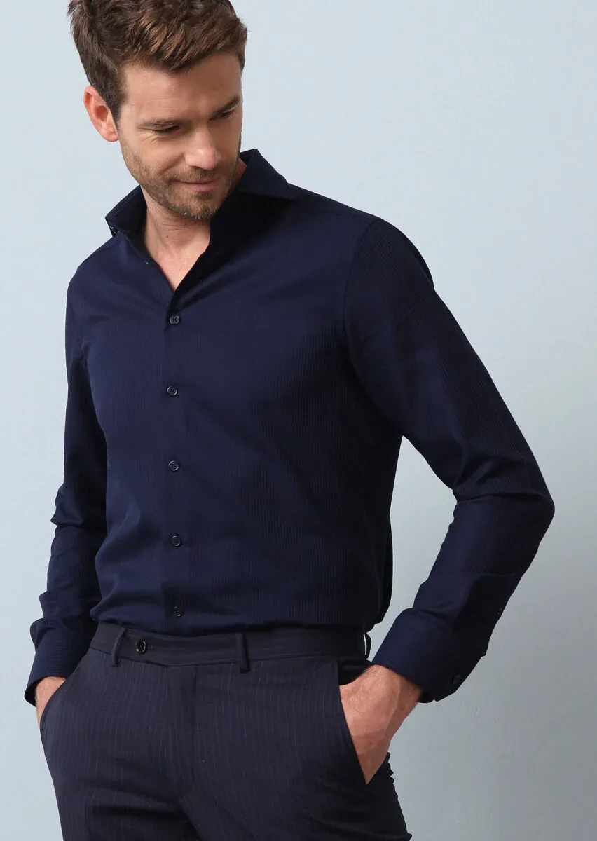 Navy Blue Striped Regular Fit Weaving Classical 100% Cotton Shirt - 2