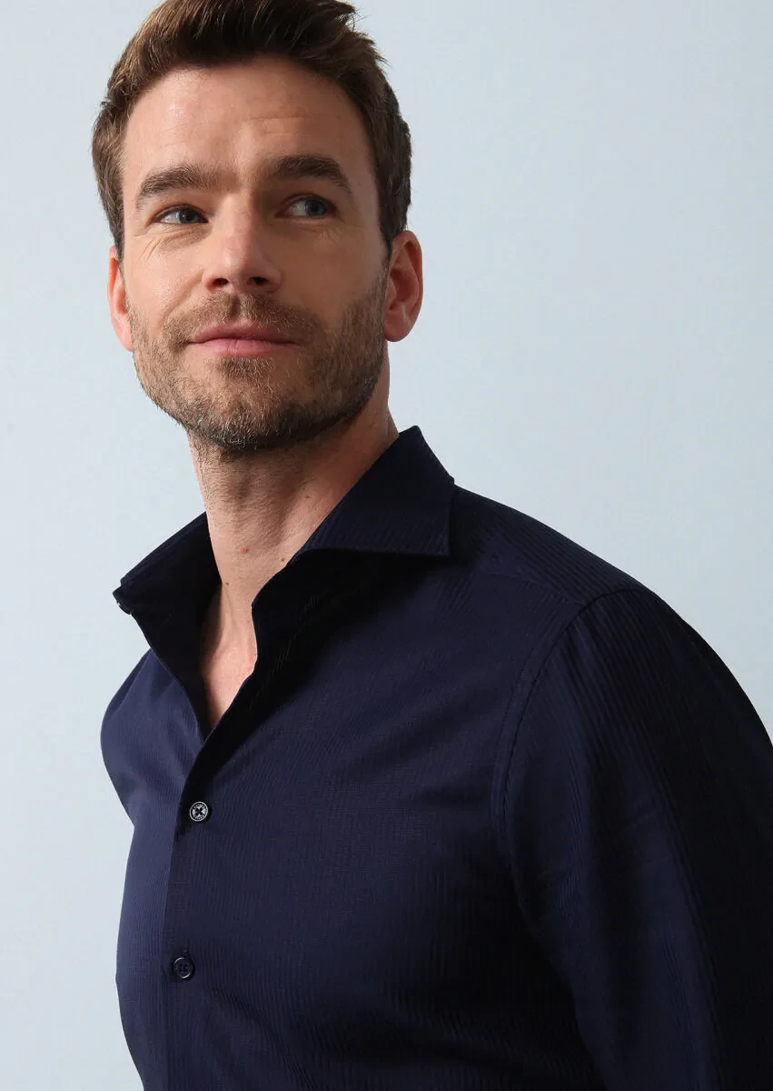 Navy Blue Striped Regular Fit Weaving Classical 100% Cotton Shirt - 3