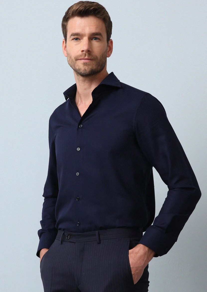 Navy Blue Striped Regular Fit Weaving Classical 100% Cotton Shirt - 4