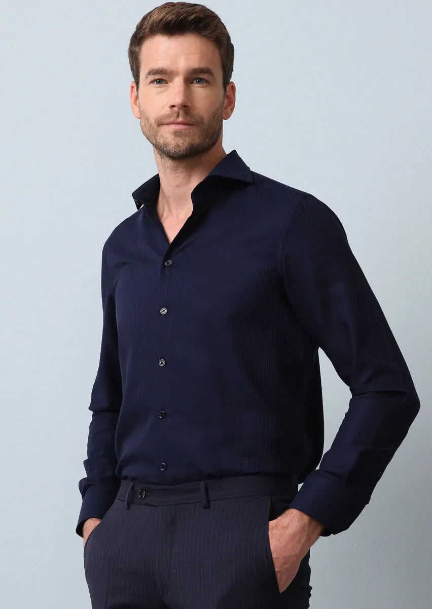 Navy Blue Striped Regular Fit Weaving Classical 100% Cotton Shirt - 4